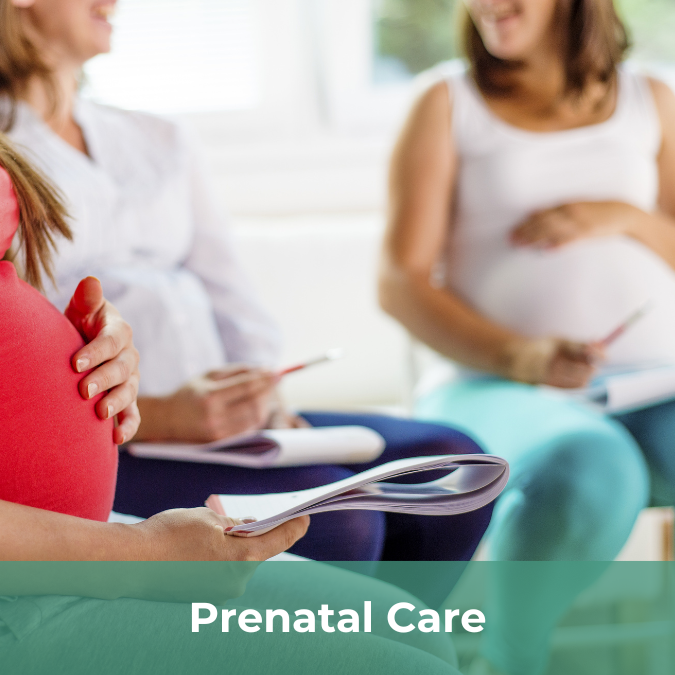 Three pregnant women sit around laughing and holding notebooks. There is a text bar on the bottom of the image that reads Prenatal Care.